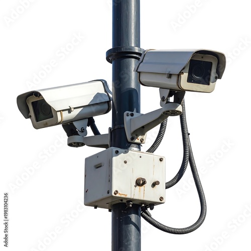 A pair of security cameras mounted on a pole