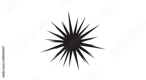 Abstract spiky star shape, black isolated sunburst or explosion design element, grunge texture effect.