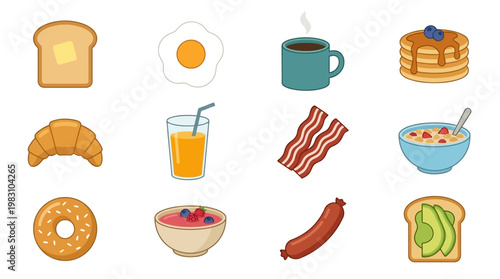 Variety of breakfast foods and drinks.