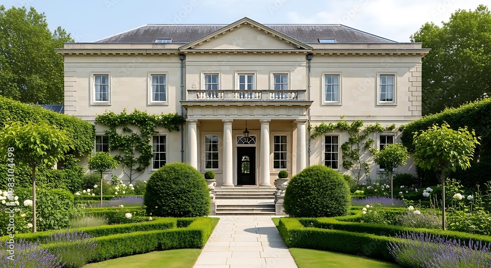 Obraz premium Elegant neoclassical mansion surrounded by meticulously maintained lush gardens and greenery