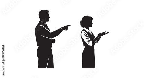 Man pointing at woman with open hands silhouetted against white background, teamwork concept.