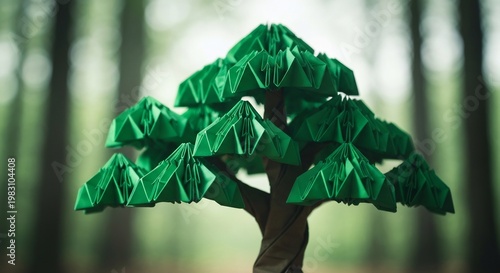 Origami green tree in forest, eco friendly symbol