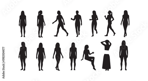 Group of female silhouettes in various poses, standing walking sitting, fashion people.