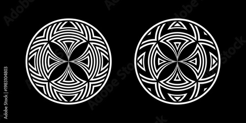 Set of Symmetrical Circle White Design Elements on Black Background. Abstract Icons. 