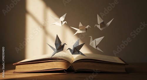 Paper cranes emerging from an open book on a wooden desk