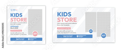 Kids Store Mega Sale Offers Promotional Social Media Post and Web Banner Template Design in EPS Vector