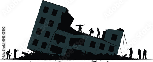 Collapsed urban building ruins with human silhouettes inspecting disaster aftermath destruction scene, earthquake damage debris illustration for stock vector content