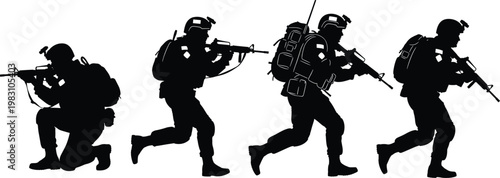 Black silhouette illustration of four armed soldiers in tactical combat positions with rifles, helmets, backpacks, military patrol vector design