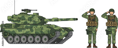 Detailed green camouflage military tank with two saluting soldiers in uniform, tactical gear, armored vehicle illustration for defense concept stock
