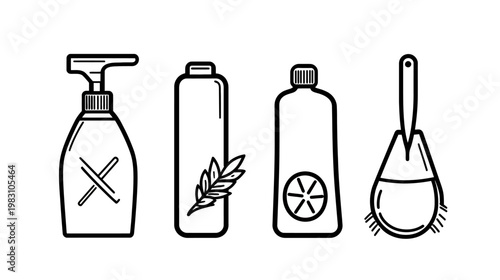 A monochrome illustration of four cleaning supplies a spray bottle, two containers, and a brush