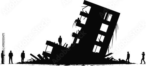Silhouette illustration of collapsed building disaster scene with debris, damaged structure, and people observing destruction aftermath for emergency concept