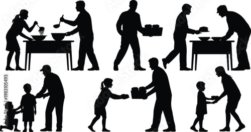 Silhouette illustration of community service people helping children, serving food, giving support, and showing kindness in humanitarian teamwork scene