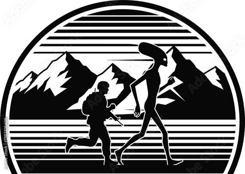 Surreal silhouette illustration of soldier walking beside alien figure in mountainous landscape, symbolizing unity, exploration, mystery, and imaginative storytelling