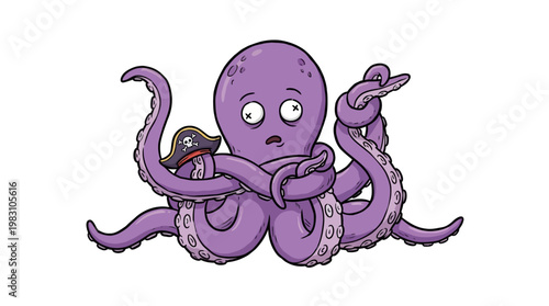 Cartoon illustration of a confused purple octopus holding a tiny pirate hat.