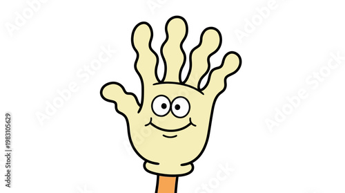 Cartoon hand puppet character with a friendly smiling face.