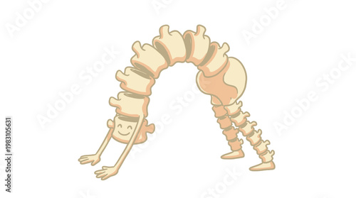 Anatomical illustration of a human spine performing a yoga downward facing dog pose.