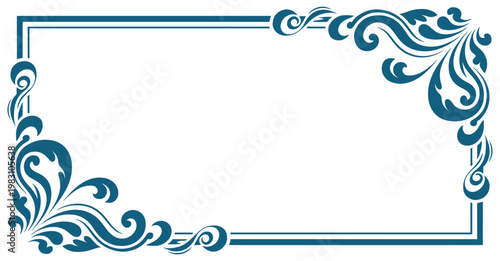 Elegant blue and teal decorative frame with intricate swirling patterns along the edges