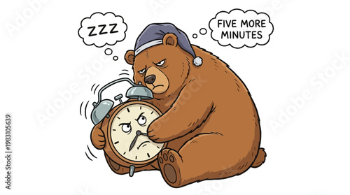 A grumpy brown bear wearing a nightcap struggling to wake up with an alarm clock.