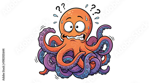 Cartoon Illustration of a Confused and Anxious Octopus Character.