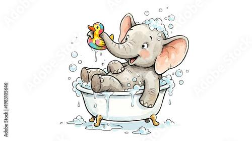 Cute cartoon elephant bathing in a tub with a rubber duck.