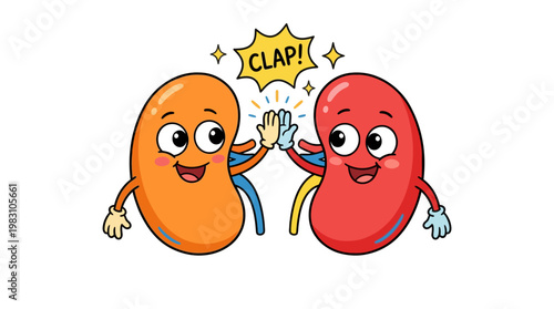Cartoon Illustration of Two Happy Kidneys High Fiving Each Other.