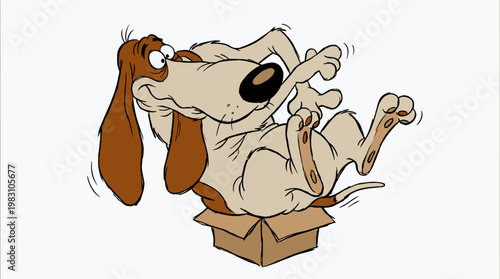 Cartoon illustration of a funny dog trying to fit inside a small cardboard box.