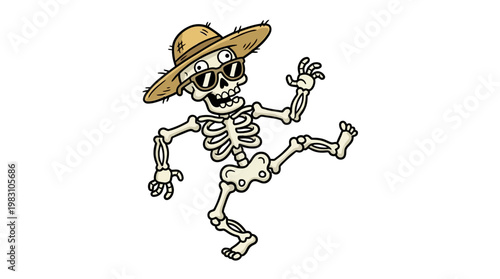 Cartoon skeleton wearing a straw hat and sunglasses dancing happily.