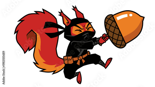 Cartoon Ninja Squirrel Carrying a Large Acorn Illustration.