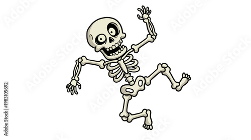 Funny cartoon skeleton character dancing in a playful pose.