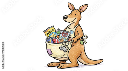 Cartoon kangaroo carrying groceries in pouch.