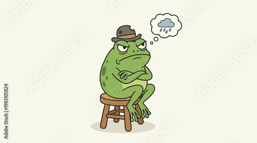 A grumpy green frog wearing a hat sitting on a wooden stool.