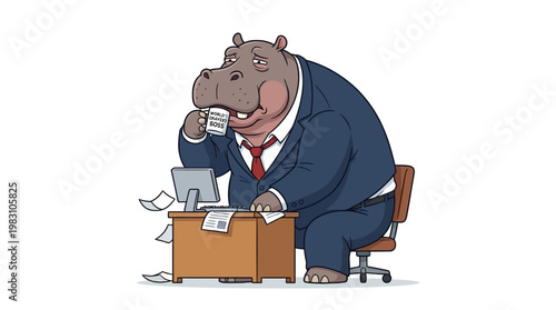Cartoon hippopotamus businessman sitting at office desk drinking coffee.