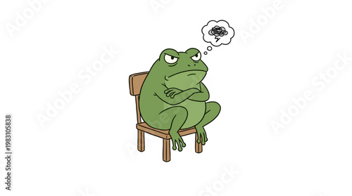 A grumpy green cartoon frog sitting on a wooden chair with crossed arms.