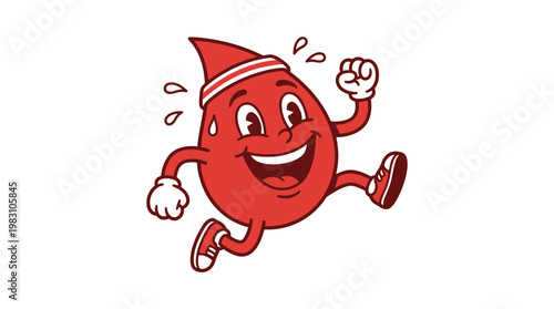 Cartoon blood drop character running with sweat and headband.