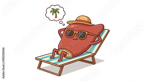 Cartoon Liver Character Relaxing on a Beach Chair.