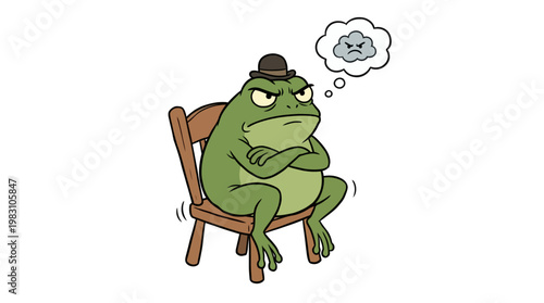 A grumpy green frog wearing a small hat sits on a chair with arms crossed.