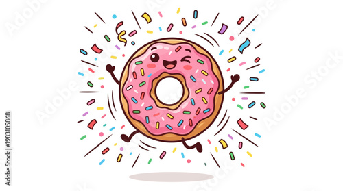 Happy Winking Cartoon Donut Character Celebrating with Confetti.