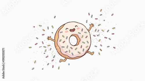 Happy Cartoon Donut Character Celebrating with Confetti.