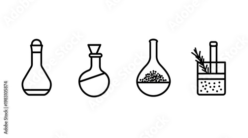 A set of four simple line drawings of laboratory glassware, illustrating scientific instruments