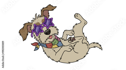 Cartoon terrier dog wearing purple star sunglasses and a colorful bandana.