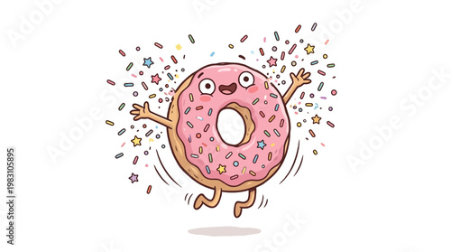 Happy jumping donut character with pink icing and sprinkles.