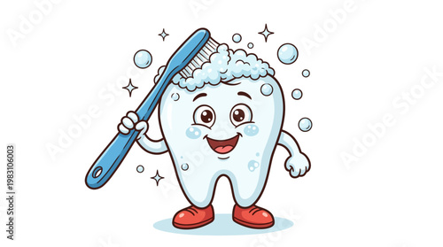 Cartoon happy tooth character brushing with a blue toothbrush.