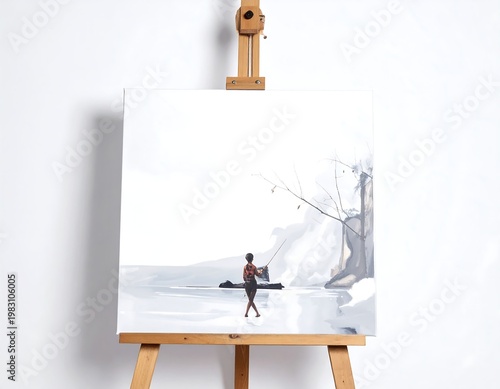 A person holds a surfboard on a snowy beach beside a leafless tree