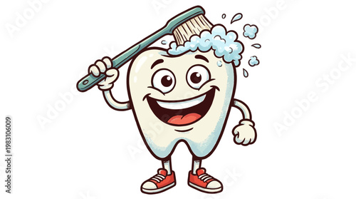 Cartoon mascot tooth character brushing itself with a toothbrush.