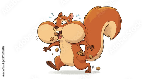 Funny cartoon squirrel with full cheeks holding nuts.