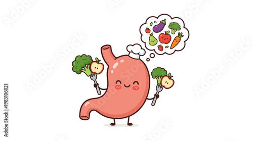 Cute cartoon stomach character eating healthy vegetables and fruits.