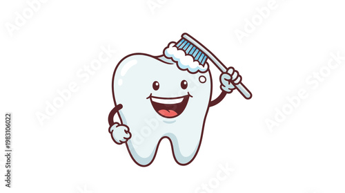 Cartoon tooth character brushing its teeth with a toothbrush.