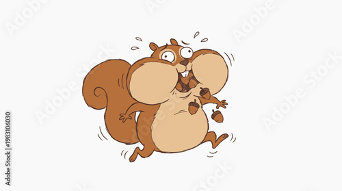 Funny cartoon squirrel with cheeks full of nuts running in a panic.