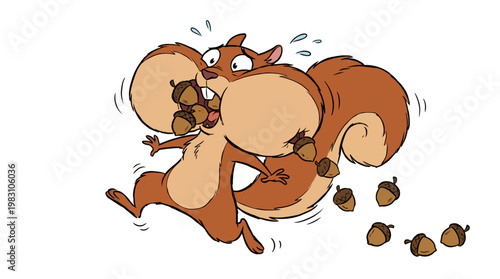 Cartoon squirrel with cheeks stuffed full of acorns running.