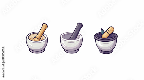 Three stylized, cartoon mortar and pestle illustrations, each filled with different items